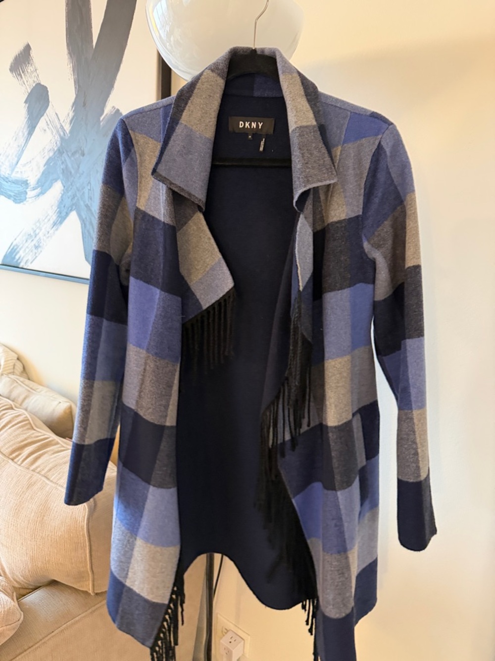 DKNY Blue and Gray Plaid Fringe Open Cardigan